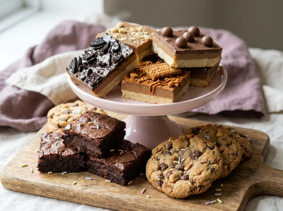 Millionaire shortbreads on a pink cake stand with brownies and loaded cookies on a wooden board