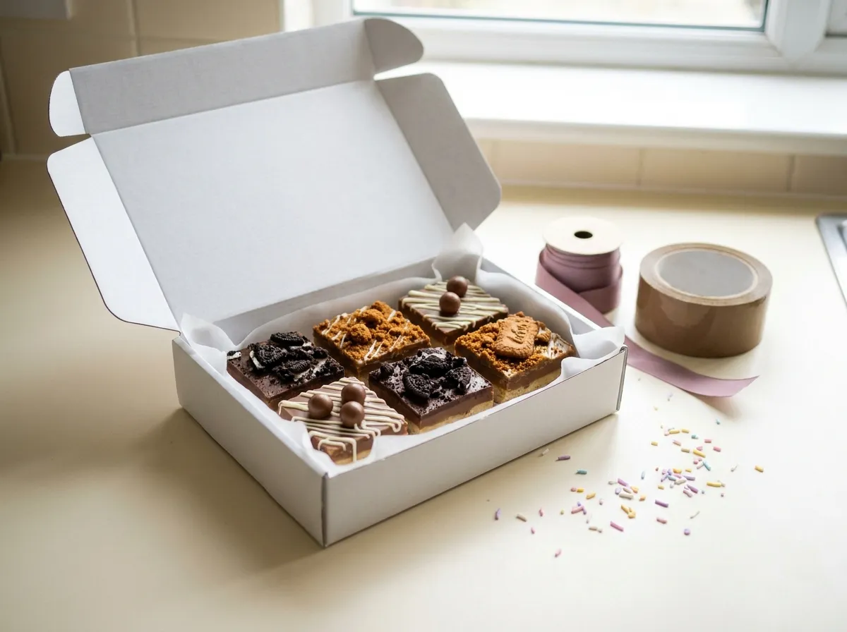 A postal box of six millionaire shortbreads, ready to send