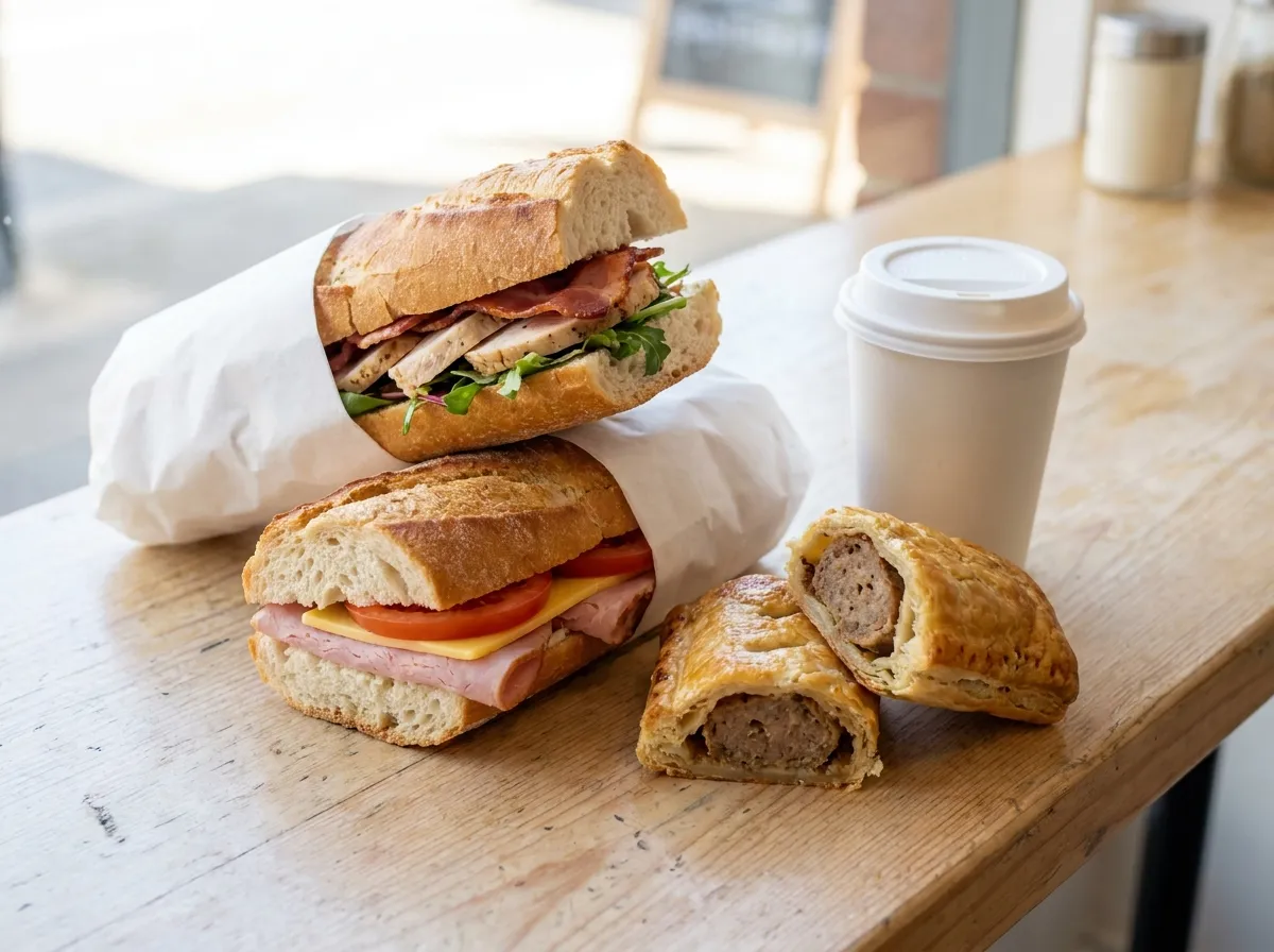 Two filled baguettes, a sausage roll and a takeaway coffee on a counter