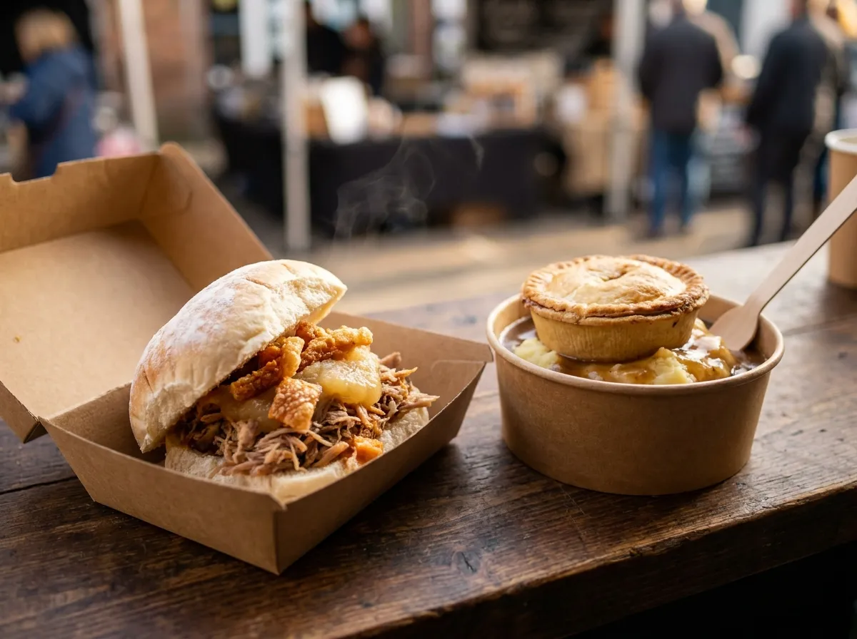 A slow roasted pork bap with crackling beside a handmade pie on mash