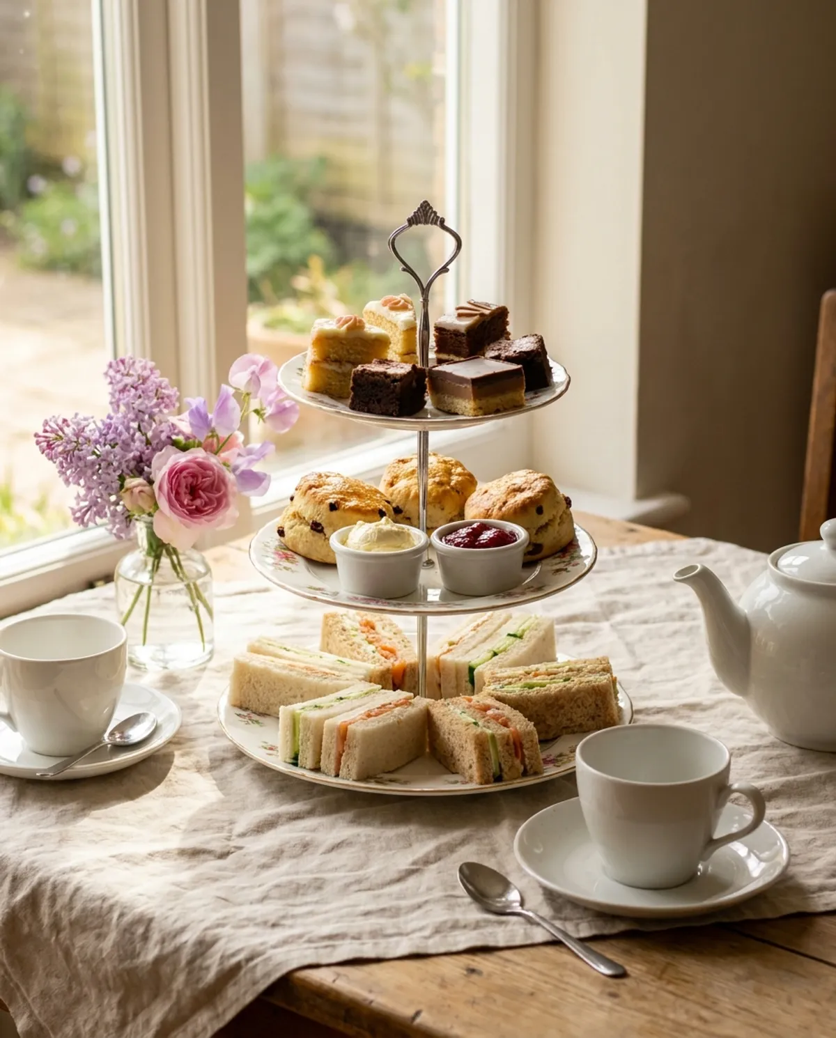 Afternoon tea for two: sandwiches, scones with jam and cream, and small cakes on a three tier stand